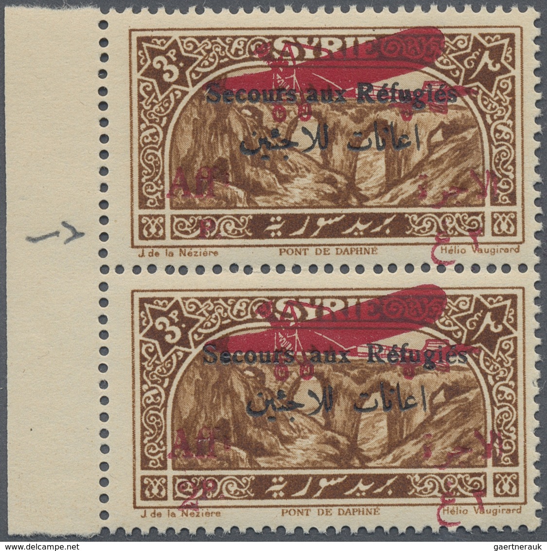 */** Syrien: 1926, War Refugee's Relief, Airmail 3pi. + 2pi. Brown, Left Marginal Vertical Pair, Top Stam - Syria