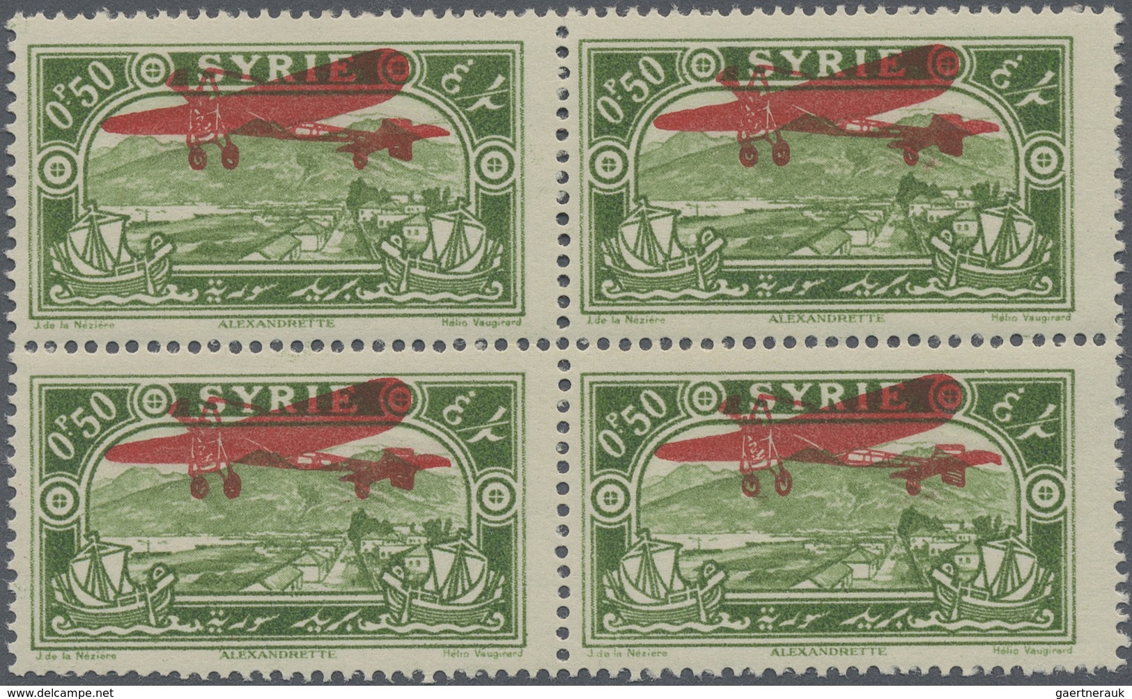 ** Syrien: 1929, Airmails, Red "Plane" Overprint On 0.50pi. Green, Block Of Four With Attractive Variet - Syria