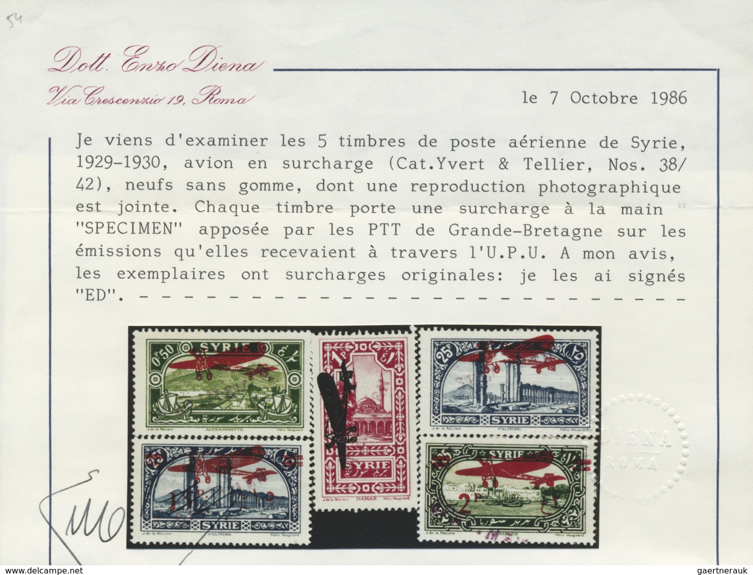 (*) Syrien: 1929/1930, Airmails, 0.50pi. To 25pi., Set Of Five Values With "SPECIMEN" Overprint, Origina - Syrië