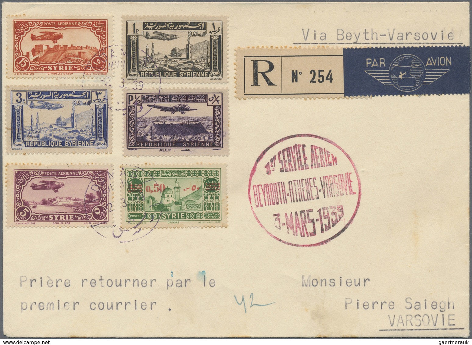 Syrien: 1929-39, Two First Flight Covers Beyrouth - Marseille 1929 From Aleppo And Beyrouth - Athens - Syrië