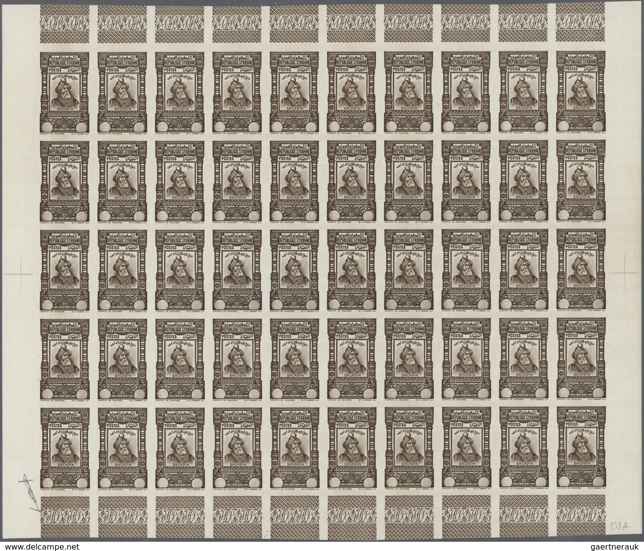 (*) Syrien: 1934, 10 Years Republic 50 Pia. Sepia Imperf Proof Sheet Of 50 Without Value Imprint With Ma - Syria