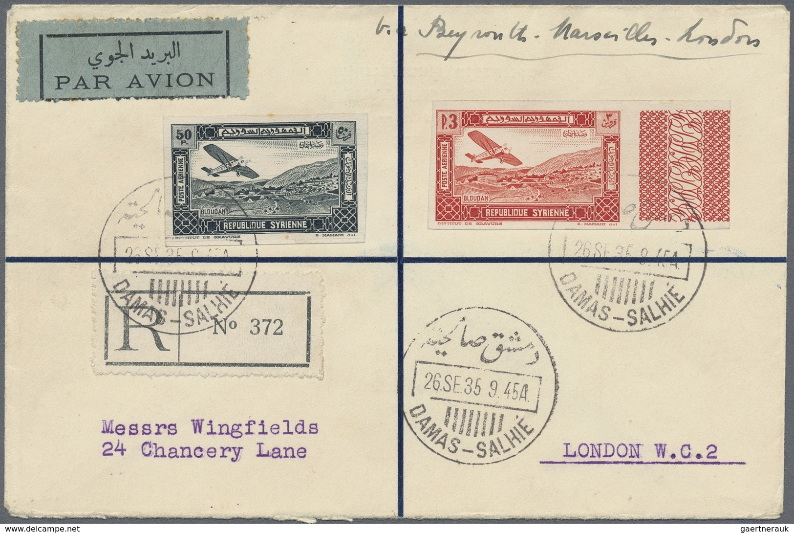 Br Syrien: 1934, 10 Years Republic Air Mails Imperf Set Of Ten Margin Stamps On Four Registered Covers - Syrië