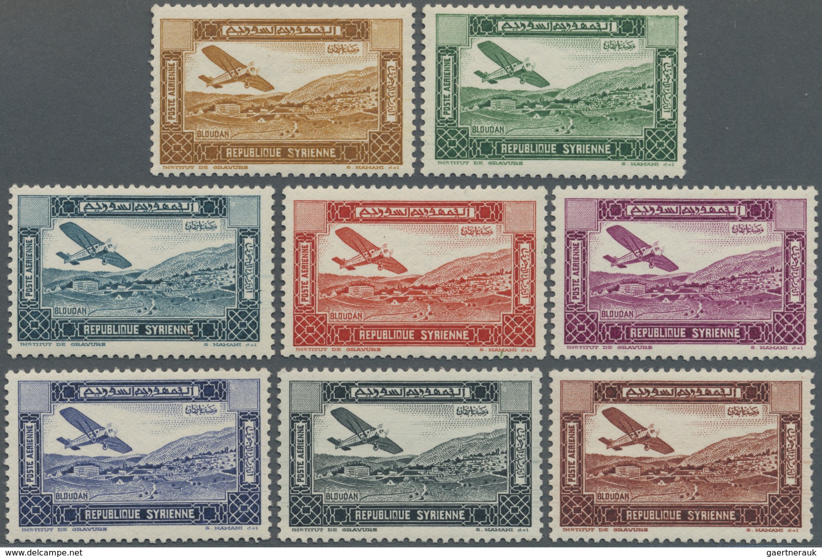 ** Syrien: 1934, 10 Years Republic Air Mails Perf Proof Set Of 8 Values Without Value Imprint, Mint Nev - Syrië