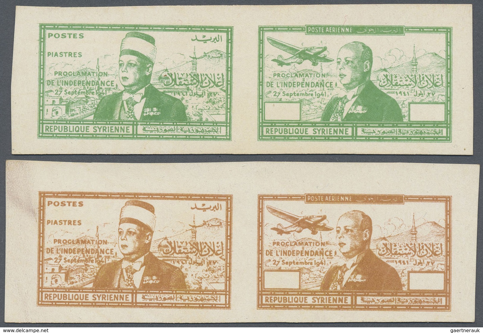 (*) Syrien: 1942, Independence President El-Husni Two Proof Pairs On Card In Different Colors Without Va - Syrië