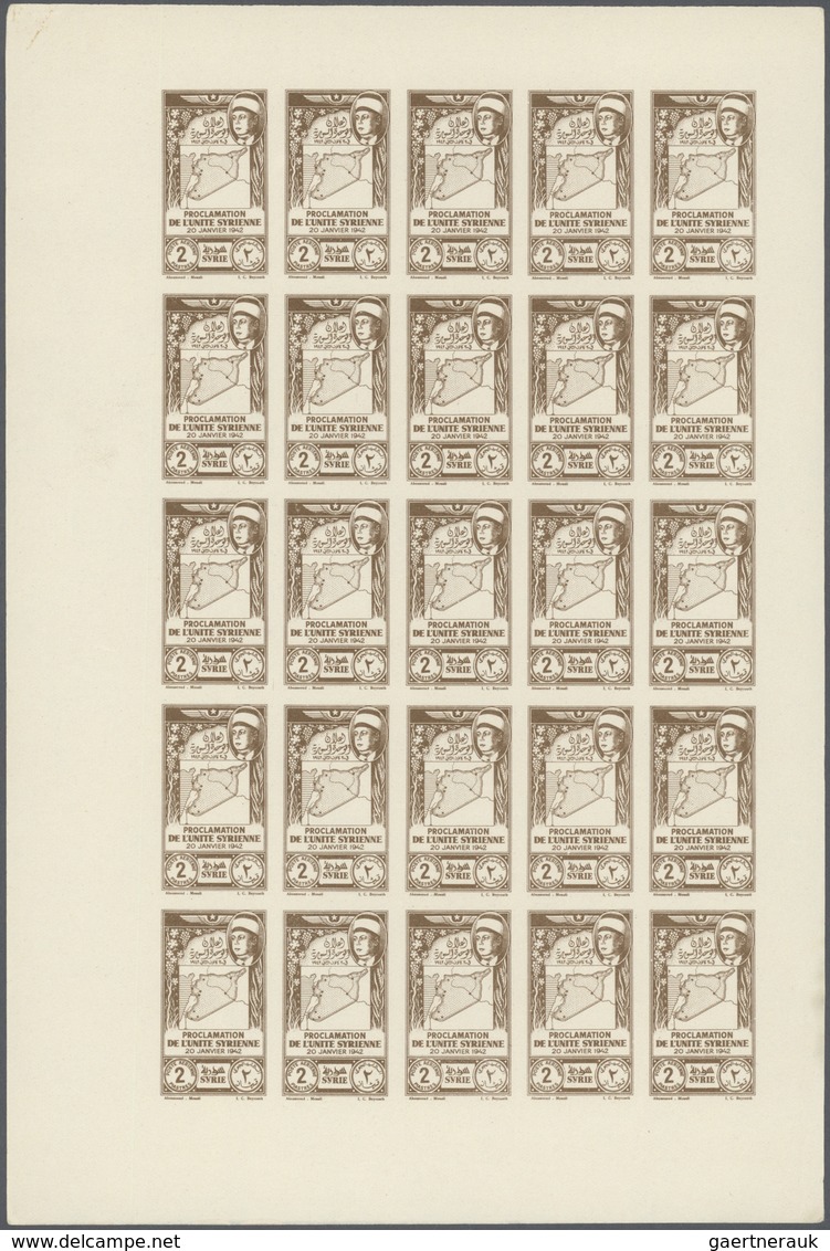 ** Syrien: 1943, Proclamation of Syrian Unity, 1pi. to 50pi., complete set of nine values as IMPERFORAT
