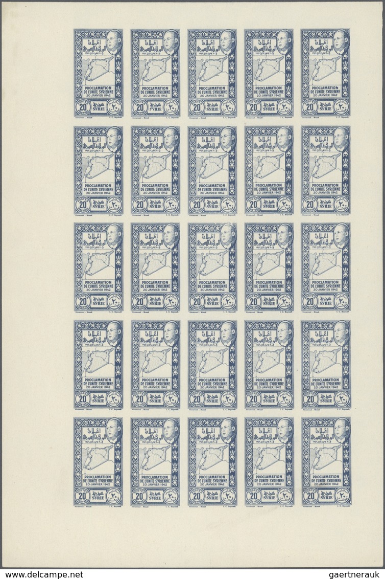 ** Syrien: 1943, Proclamation of Syrian Unity, 1pi. to 50pi., complete set of nine values as IMPERFORAT