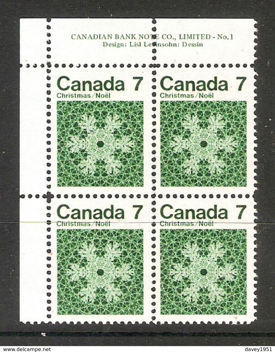 006329 Canada 1971 Christmas 7c Plate Block 1 UL MNH - Plate Number & Inscriptions