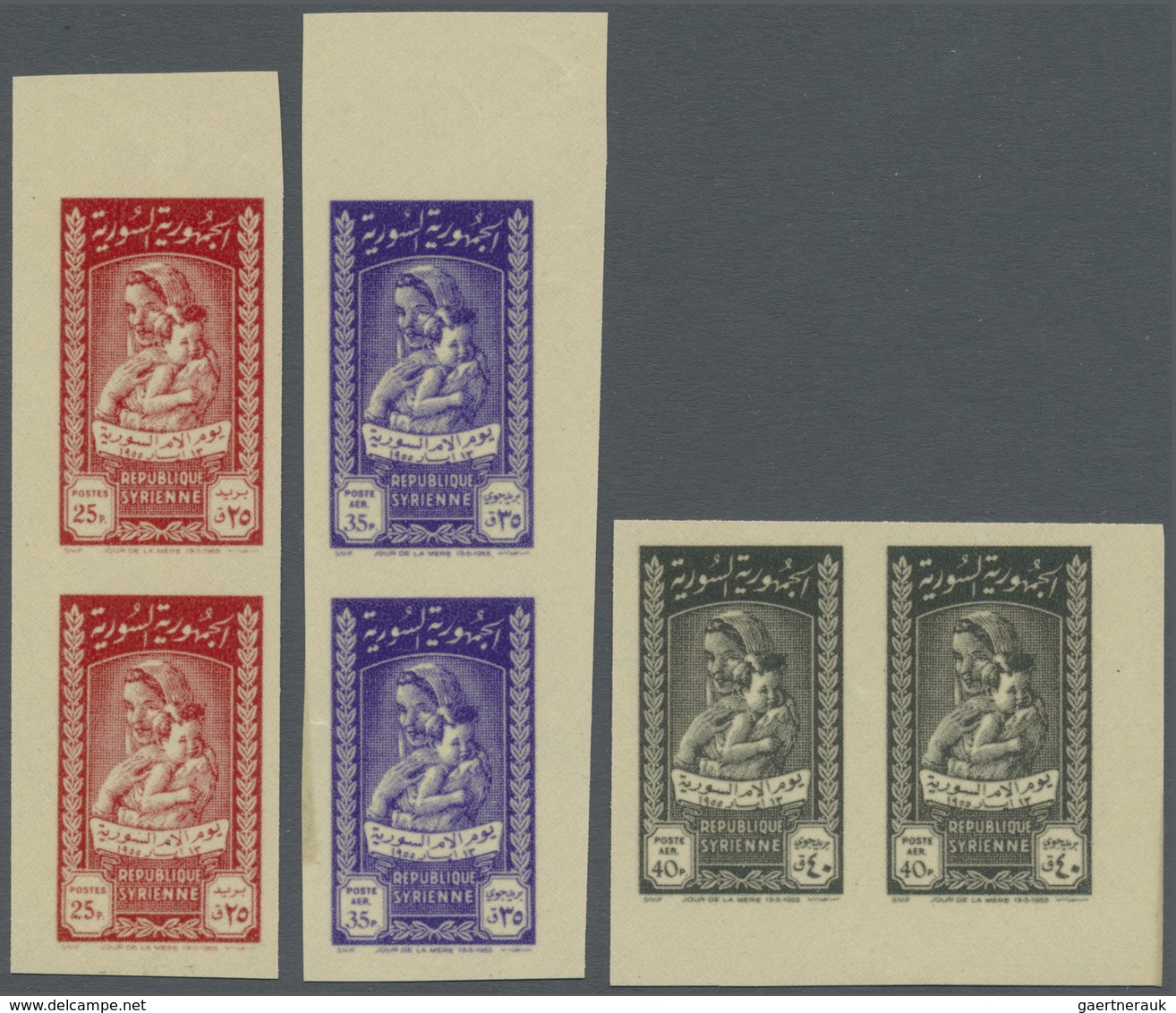** Syrien: 1955, Mother's Day 'mother With Child' Complete Set Of Three In IMPERFORATE Pairs With Print - Syria
