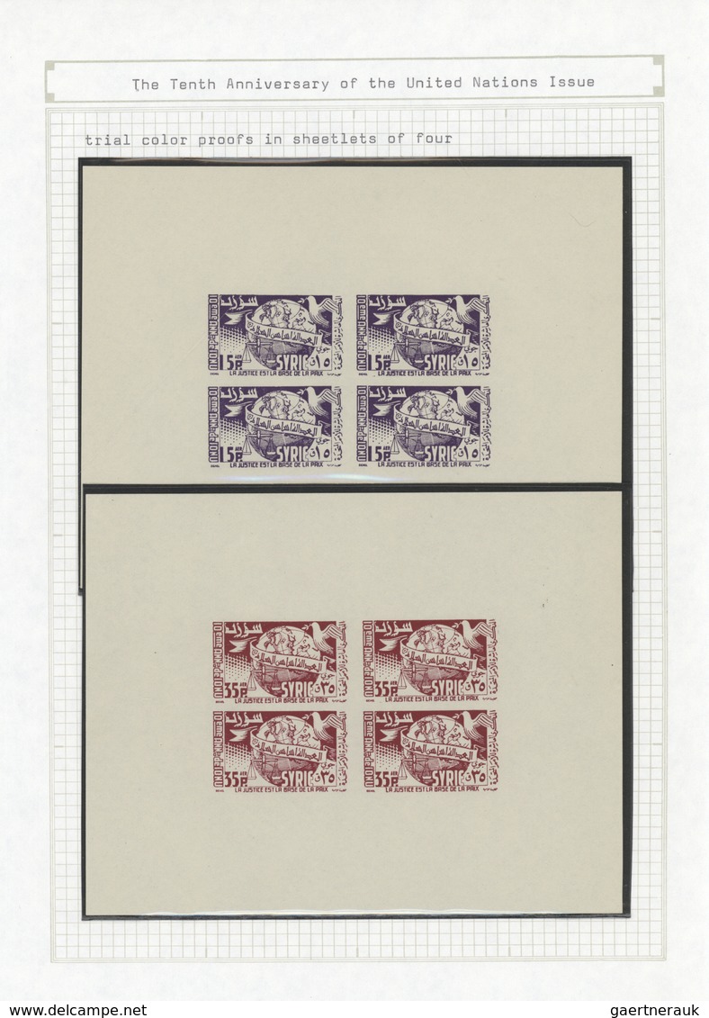 ** Syrien: 1955, UN Complete Set Of Four Imperf Blocks Of Four, FDC, Trial Color Proofs And Four Trial - Syria