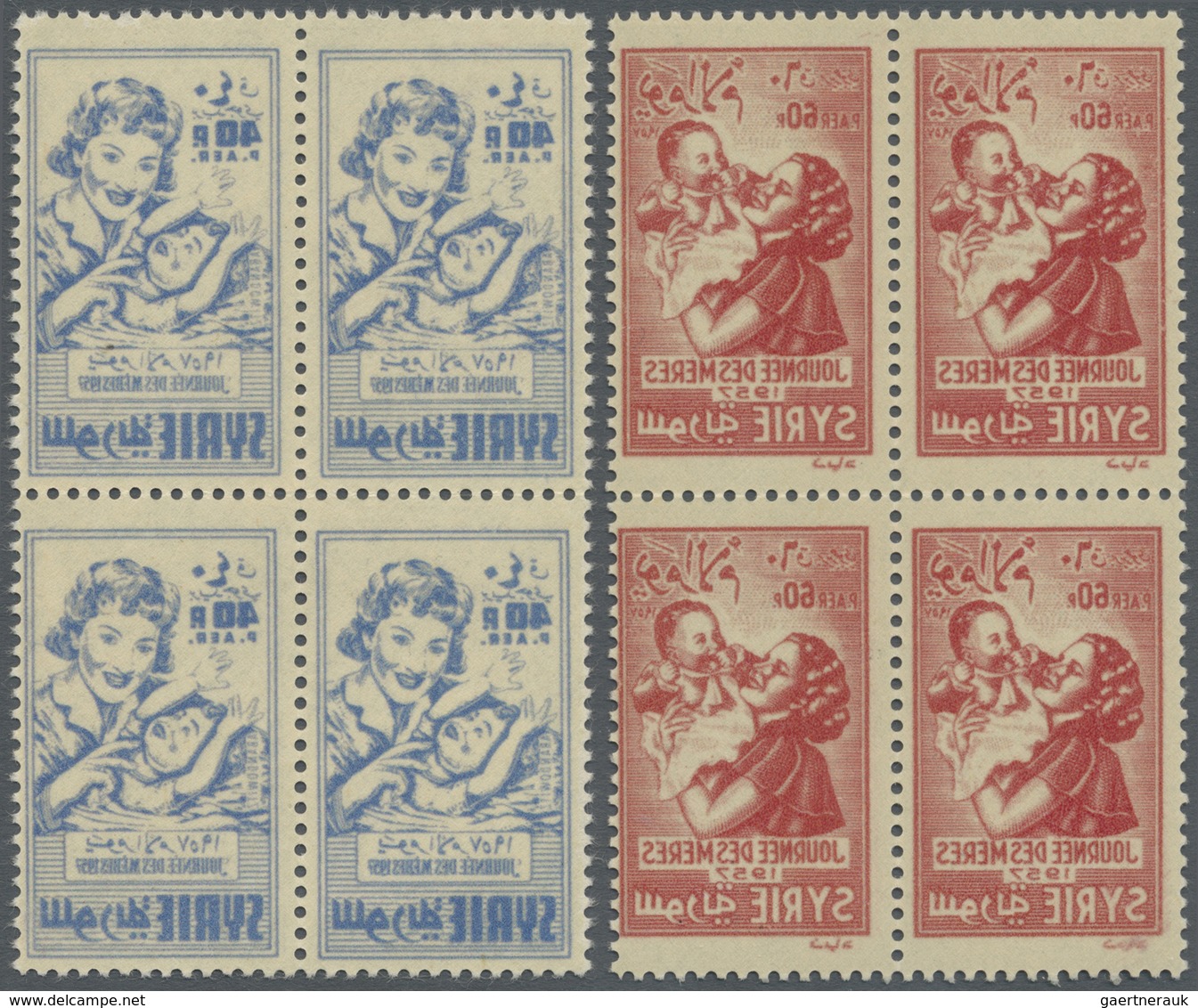 ** Syrien: 1957, Mother's Day Both Values In Blocks Of Four With Strong OFFSET On Reverse In Blocks Of - Syria