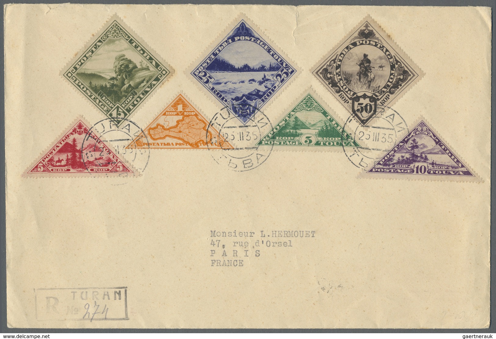 Br Tannu-Tuwa: 1935 'Landscape' Complete Set On Registered Envelope To Paris, Tied By Turan '25.III.35" - Touva