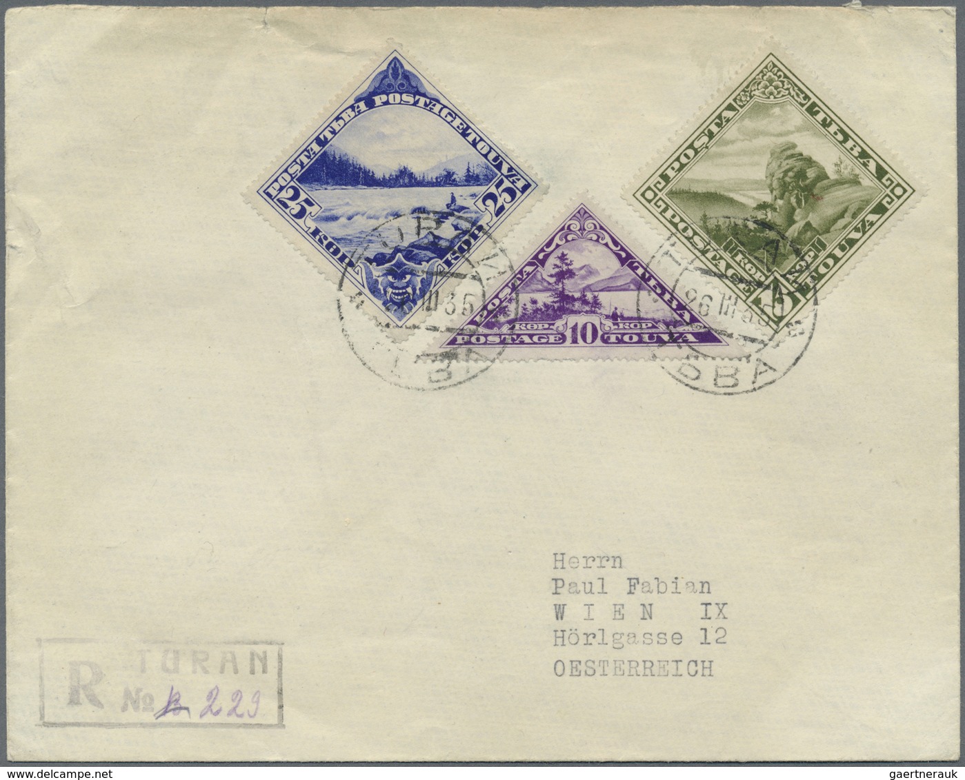 Br Tannu-Tuwa: 1935, 10k. Lilac, 15k. Olive And 25k. Blue, Attractive Franking On Registered Cover 26.I - Touva