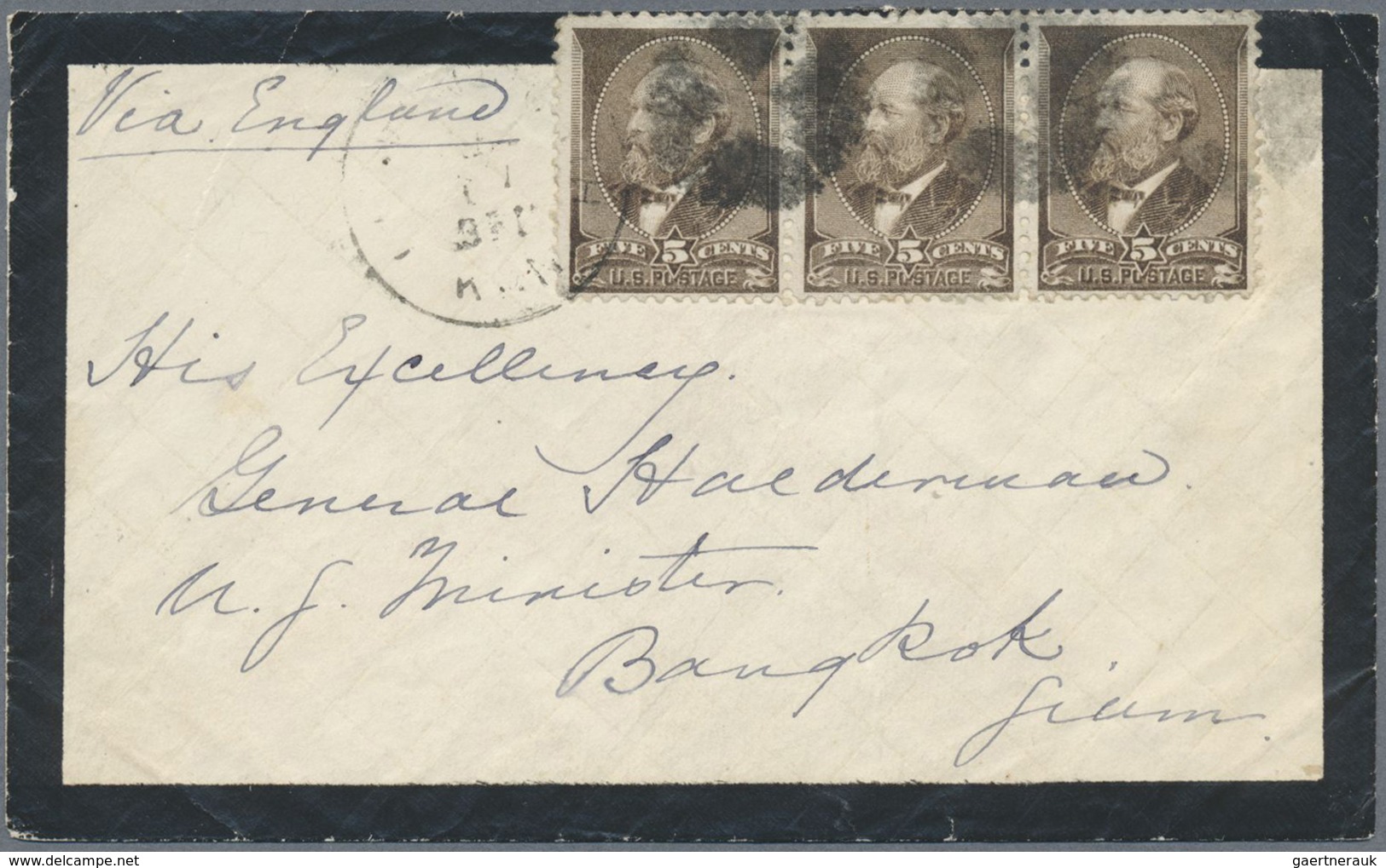 Br Thailand: 1883 Incoming Mourning Cover From Levenworth, Kansas, USA To Bangkok Via England, Naples A - Thailand