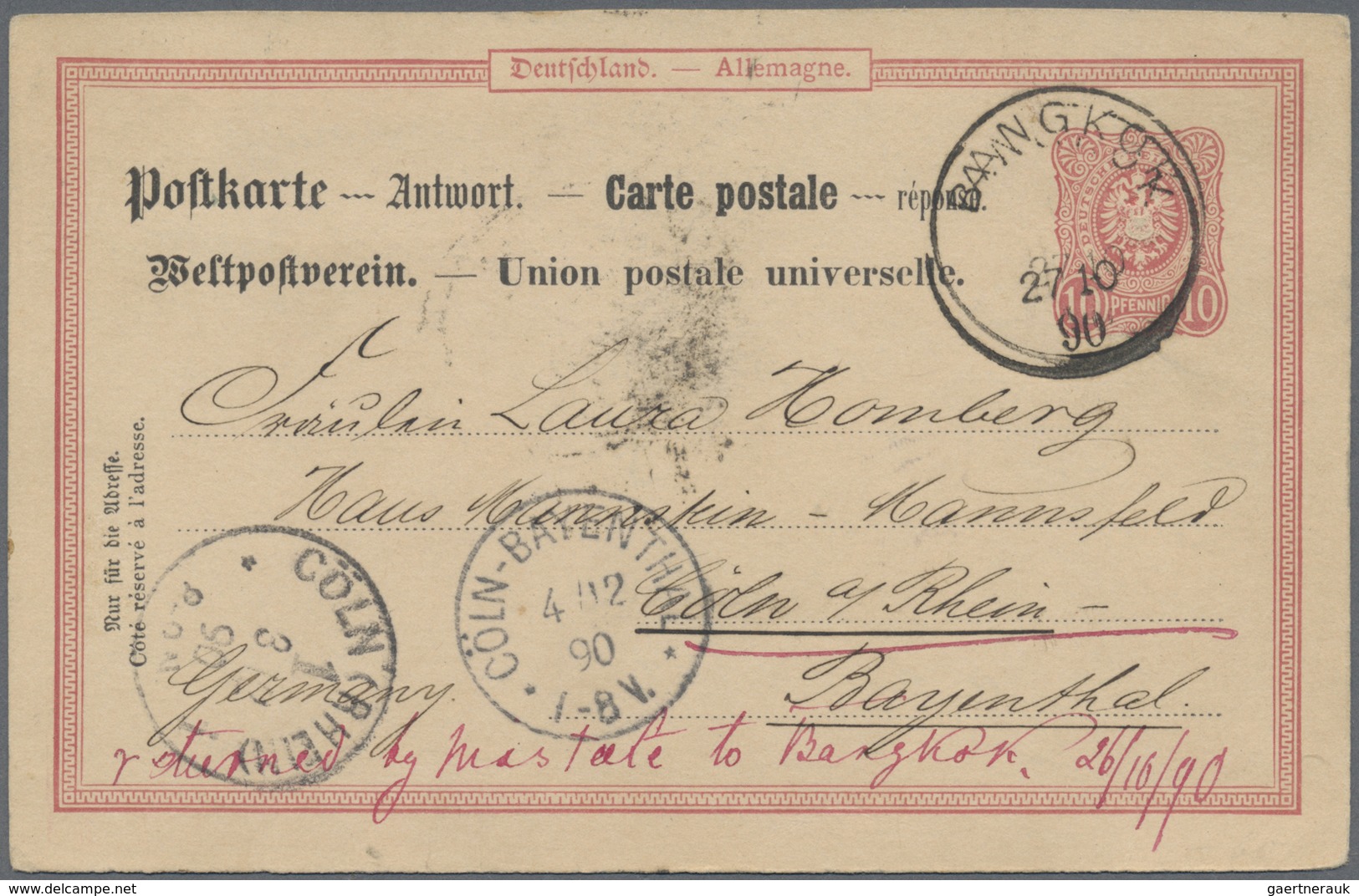 GA Thailand: 1890, Reply Part Of Germany 10 Pfg. Postal Stationery Card Sent Back To Cöln, Oblit. "BANG - Thailand