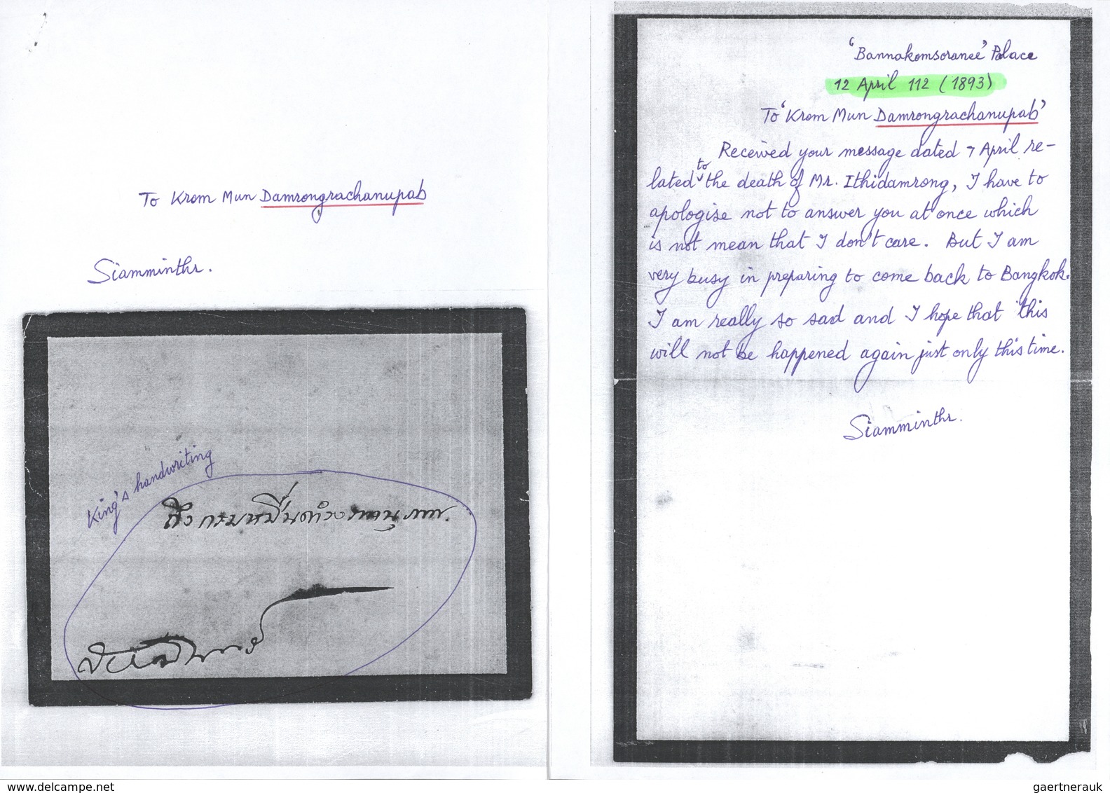 Br Thailand: 1893 Royal Mourning Cover + Letter From H.M. King Chulalongkorn (Rama V) Addressed To His - Thailand