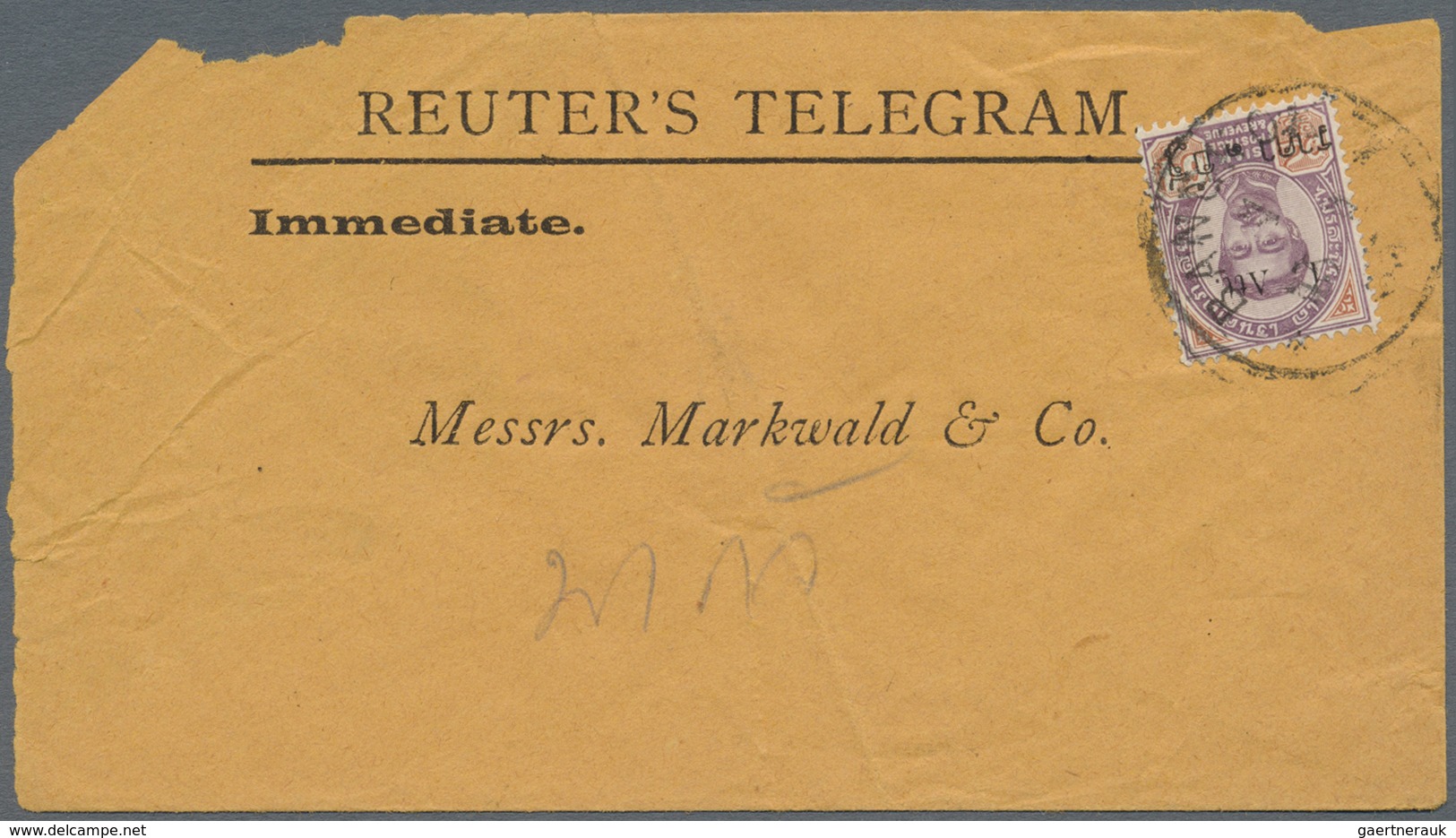 Br Thailand: 1894, 1 Att./64 Att. Tied "BANGKOK1 15 1 95" To Envelope "REUTER'S TELEGRAM", Backstamps " - Thailand