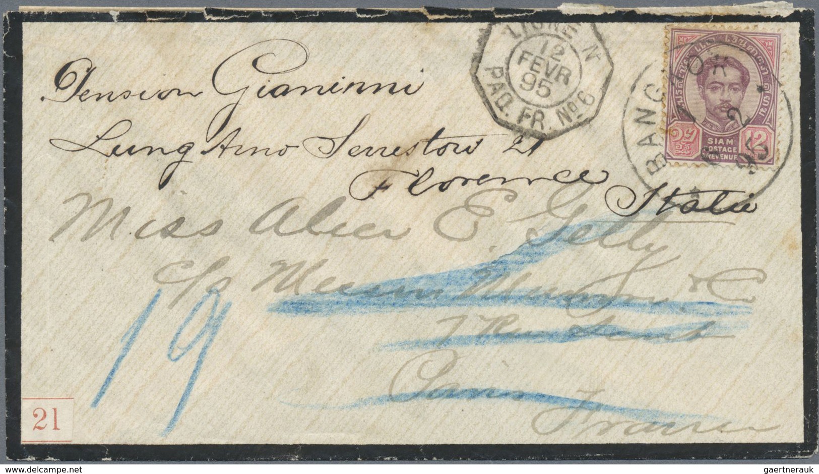 Br Thailand: 1895 Mourning Cover From Bangkok To Paris, Re-directed To Florence, Italy Franked By 1887 - Thailand