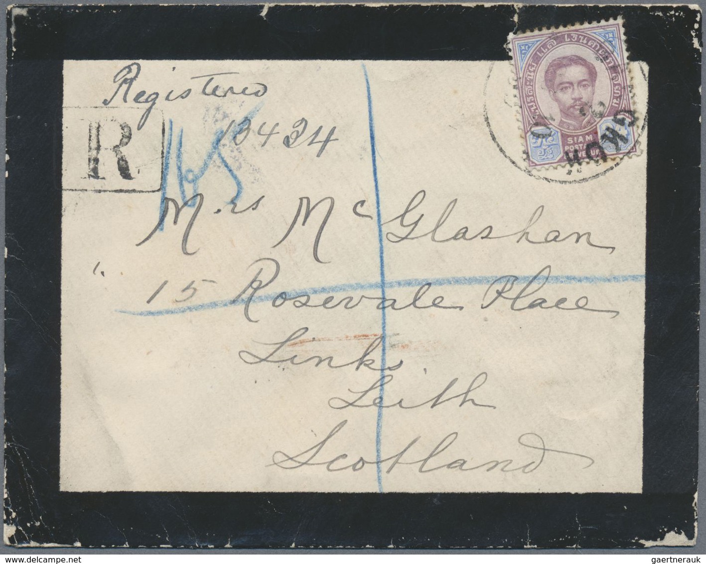 Br Thailand: 1899 Registered Mouring Cover From Bangkok To Scotland Franked By 1887 24c. Violet & Blue - Thailand