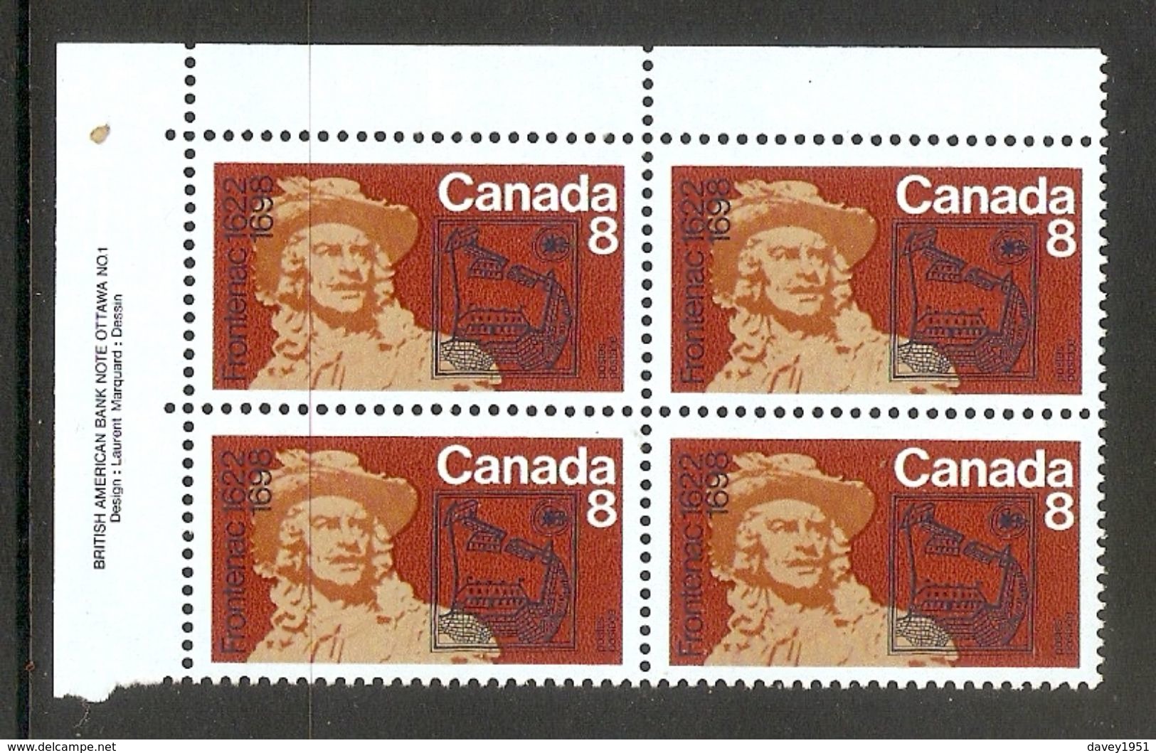 006330 Canada 1972 Frontenac 8c Plate Block UL MNH - Plate Number & Inscriptions