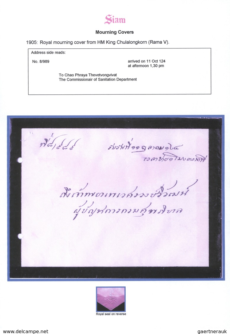 Br Thailand: 1905 Royal mourning cover + letter from H.M. King Chulalongkorn (Rama V) addressed to Chao