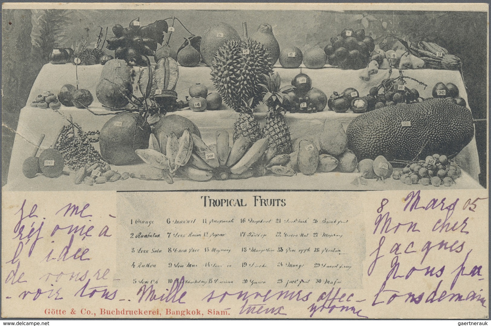 Br Thailand: 1905. Picture Post Card Of 'Thai, Tropical Fruits' Addressed To France Bearing SG 72, 4a C - Thailand