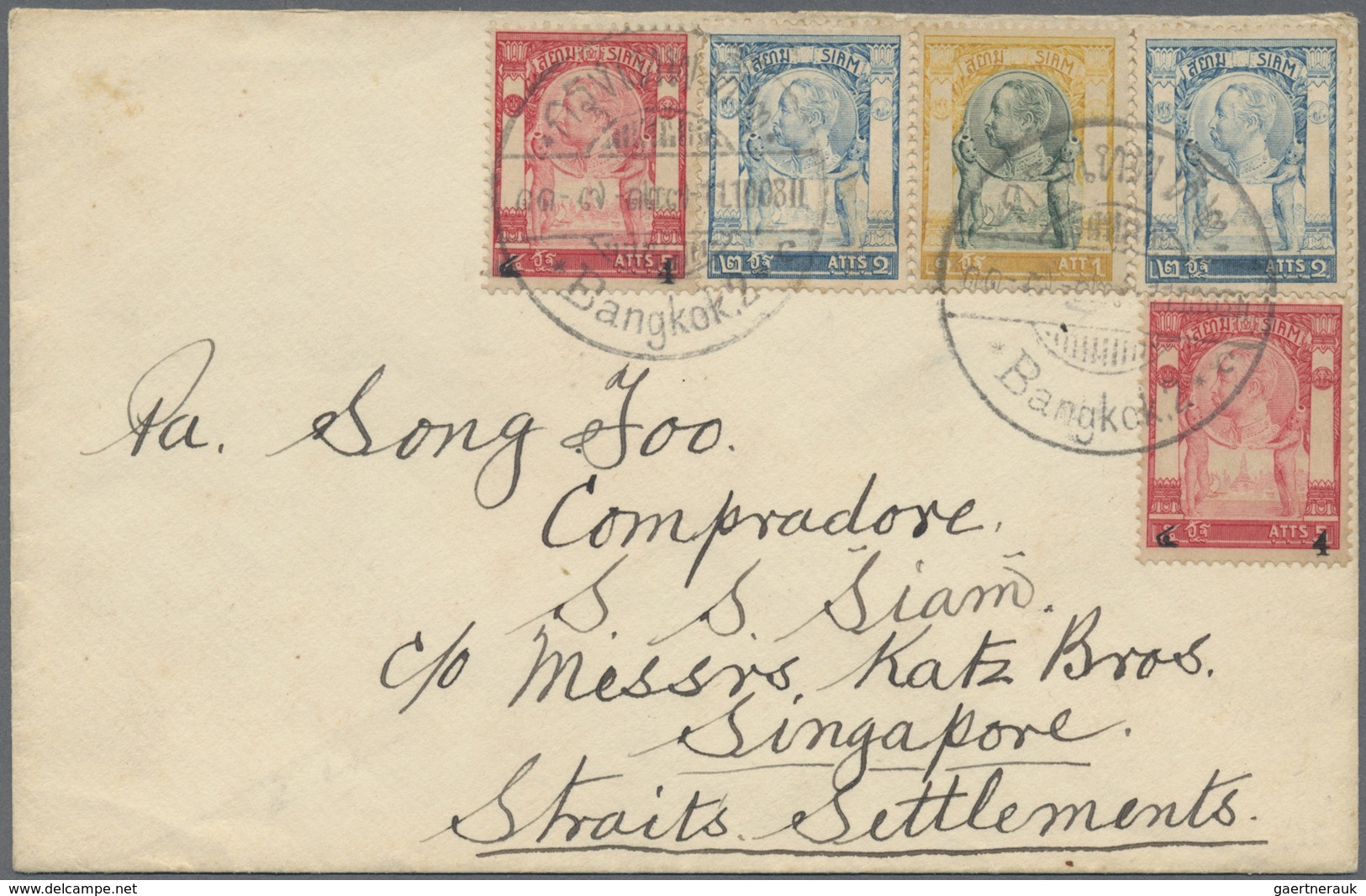 Br Thailand: 1908, Attractive Franking On Cover From "BANGKOK 11.10.08" To Singapore With Arrival Mark - Thailand