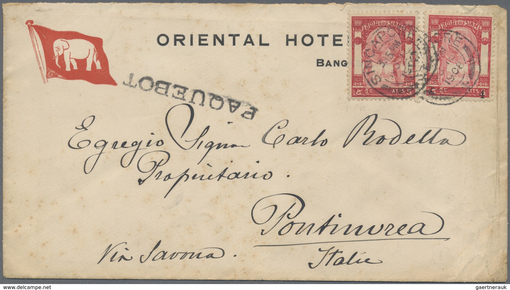 Br/ Thailand: 1908, Group Of Three Covers/card: 5a. Red And 4 On 5a. Red On Paquebot Cover To Italy Obli - Thailand