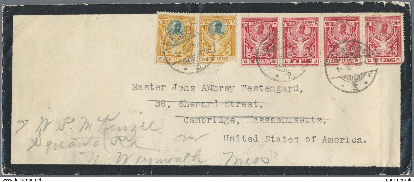 Br Thailand: 1911 Mourning Cover From Bangkok To Cambridge, Mass., USA And Re-directed To Weymouth, Mas - Thailand