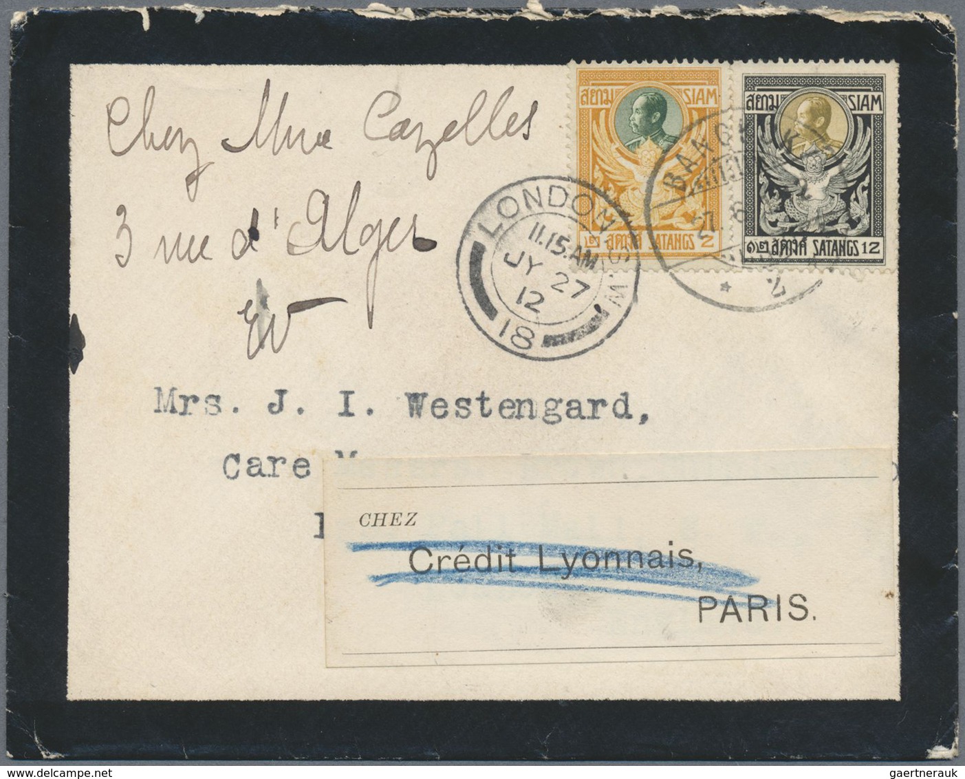 Br Thailand: 1912 Mourning Cover From Bangkok (27.6.12) To London (27.7.12) And The Forwarded To Paris, - Thailand