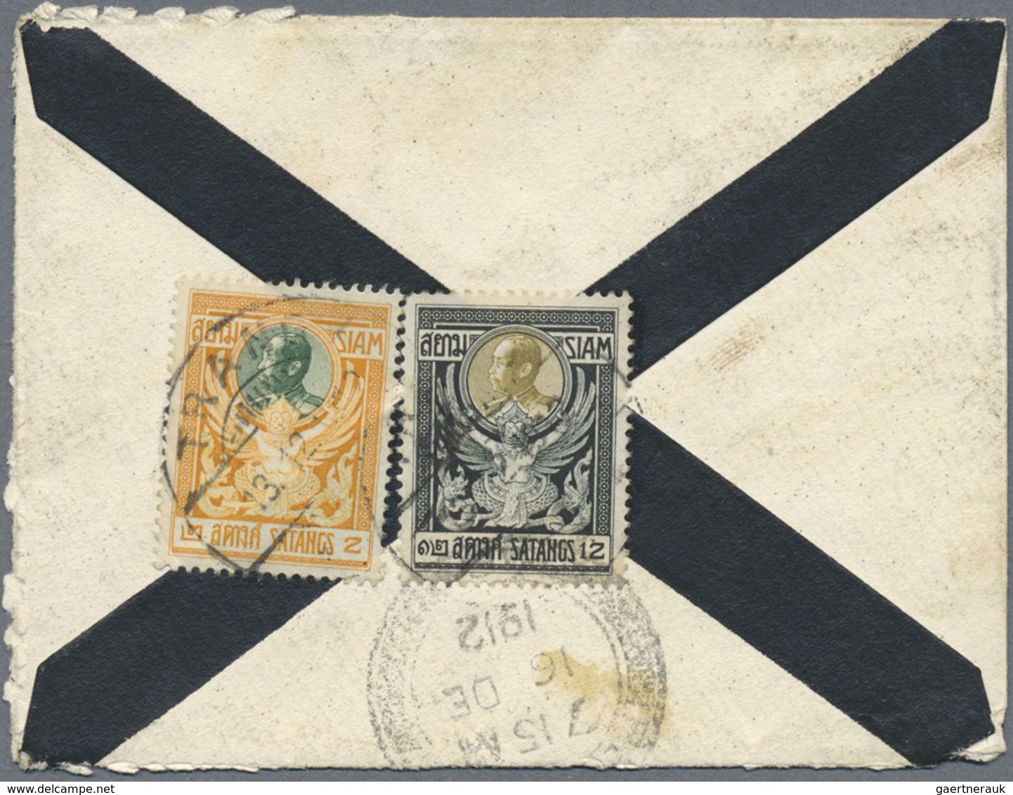 Br Thailand: 1912 Small Mourning Cover From TRANG To Milano, Italy Via Penang, Franked On The Reverse B - Thailand