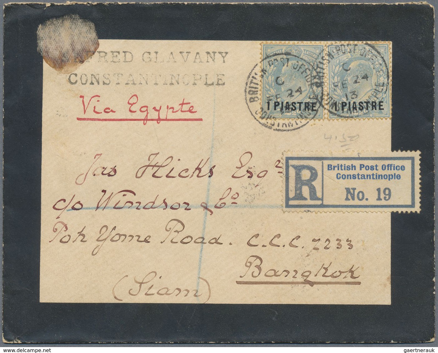 Br Thailand: 1912 Registered Mourning Cover From British P.O. Constantinople To Bangkok, Franked KEVII. - Thailand