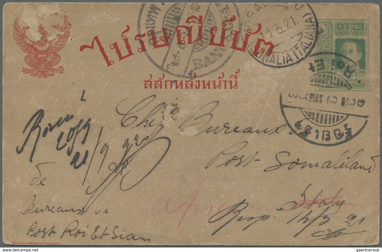 GA Thailand: 1920 - Destination Ital. SOMALILAND: Postal Stationery Card 3s. Green Used From Roi Et To - Thailand