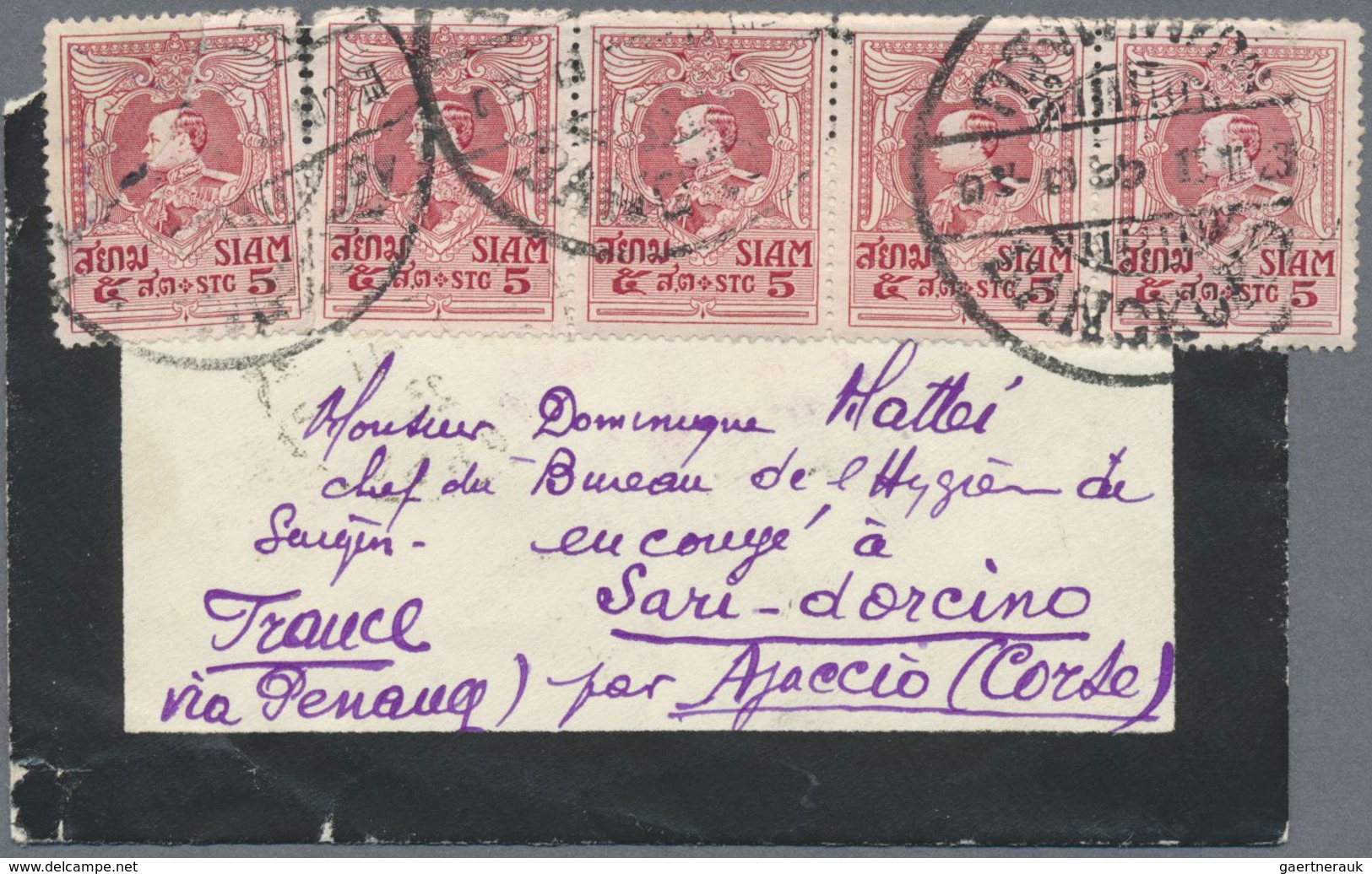 Br Thailand: 1923 Mourning Cover From Bangkok To Ajaccio, CORSICA 'via Penang' (endorsed In M/s), Frank - Thailand