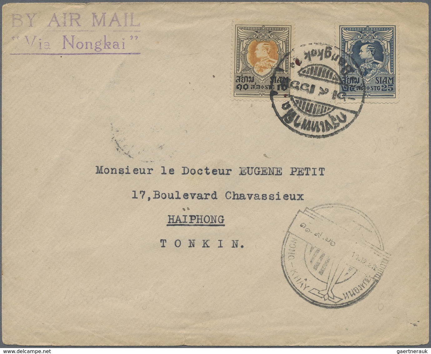 Br Thailand: 1923. Air Mail Envelope Addressed To Tonkin Bearing SG 217, 10s Bistre And Black And SG 22 - Thailand