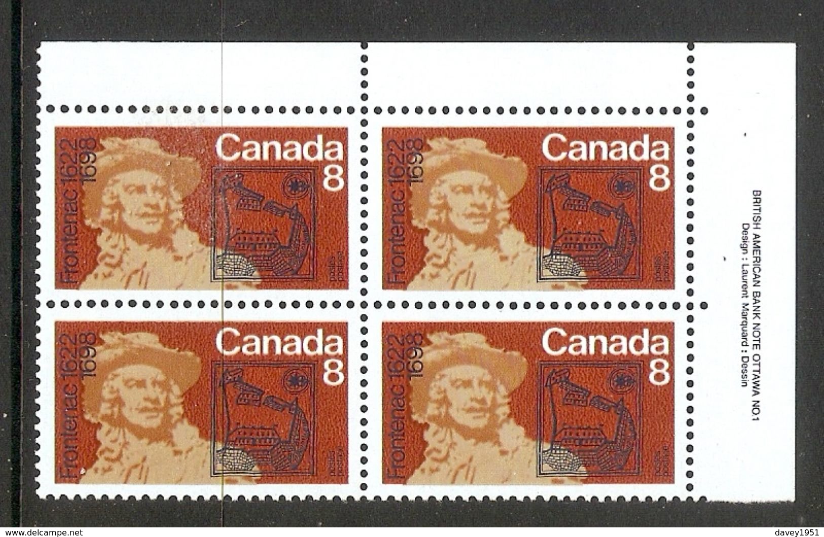 006331 Canada 1972 Frontenac 8c Plate Block UR MNH - Plate Number & Inscriptions