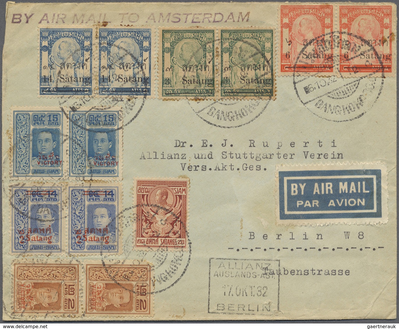 Br Thailand: 1932. Air Mail Envelope Addressed To Berlin Bearing SG 129, 3s On 3a Yellow-green (2), SG - Thailand