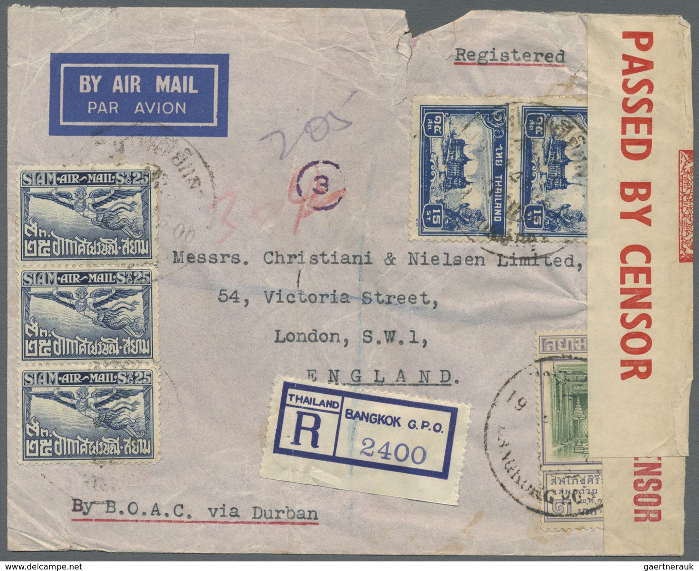 Br Thailand: 1941. Registered Air Mail Envelope (faults) To England Bearing SG 242, 25s Blue (3), SG 24 - Thailand