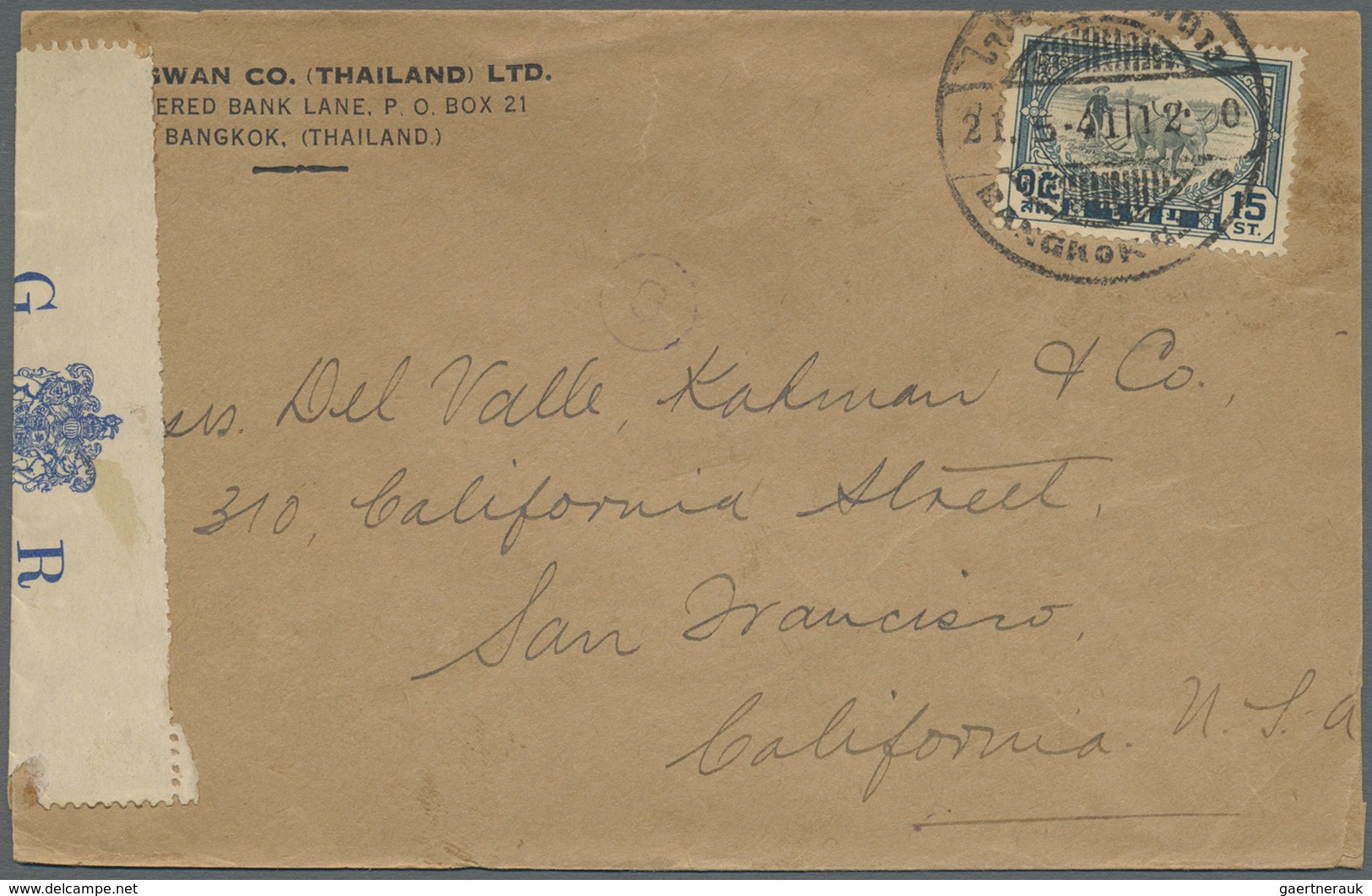 Br Thailand: 1941. Censored Envelope Addressed To San Francisco Bearing SG 294, 15s Grey And Blue Tied - Thailand