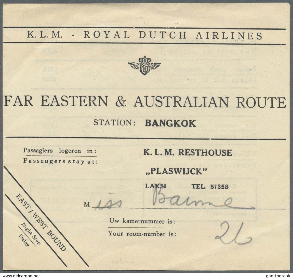 Br Thailand: 1953. Photographic Card Of 'K.L.M. Resthouse, Plaswijck, Laksi, Bangkok' Bearing SG 345, 2 - Thailand