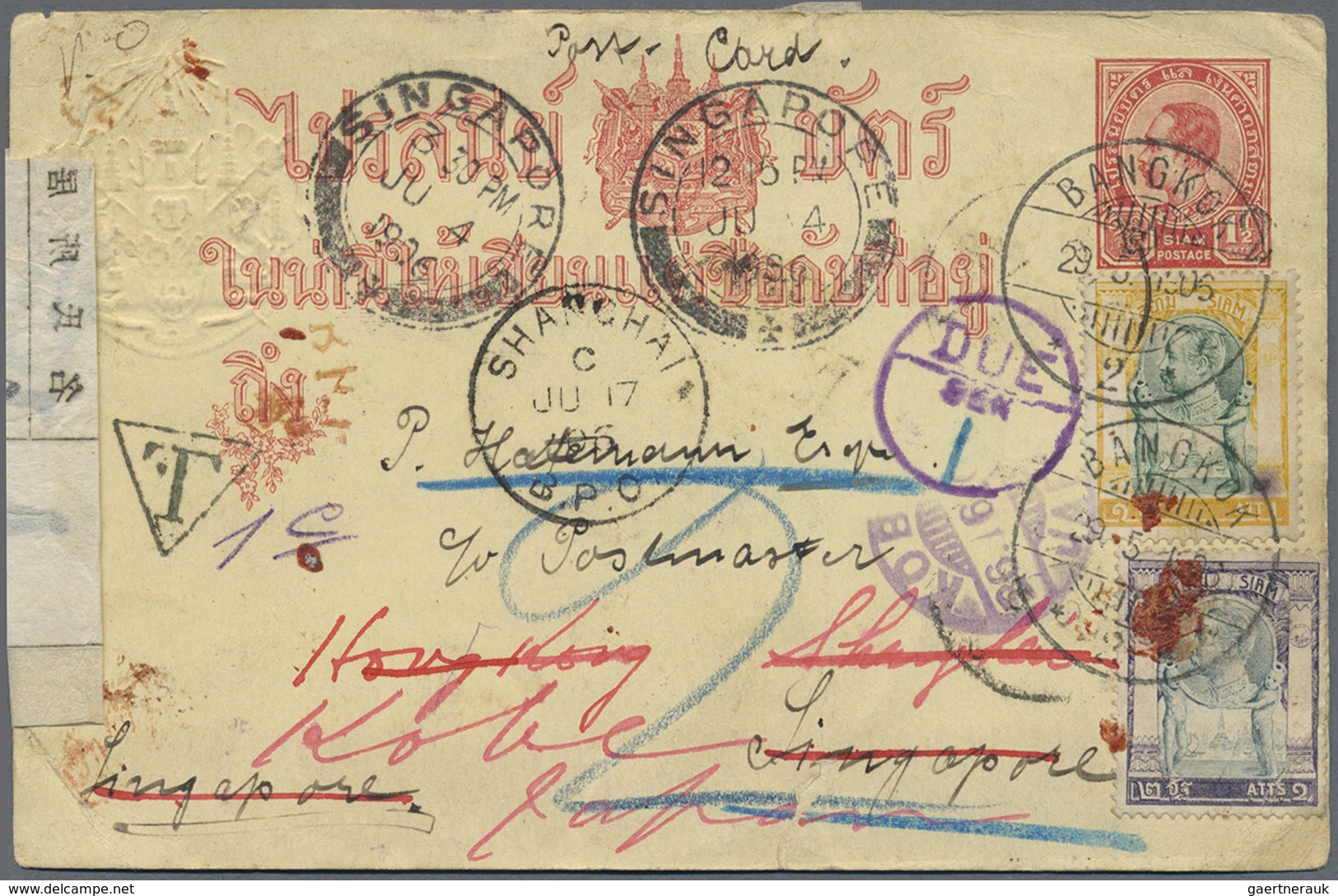 GA Thailand - Ganzsachen: 1906, Stationery Card 1 1/2 A. Uprated 1 A., 2 A. Tied "BANGKOK 29.5.1906" To - Thaïlande