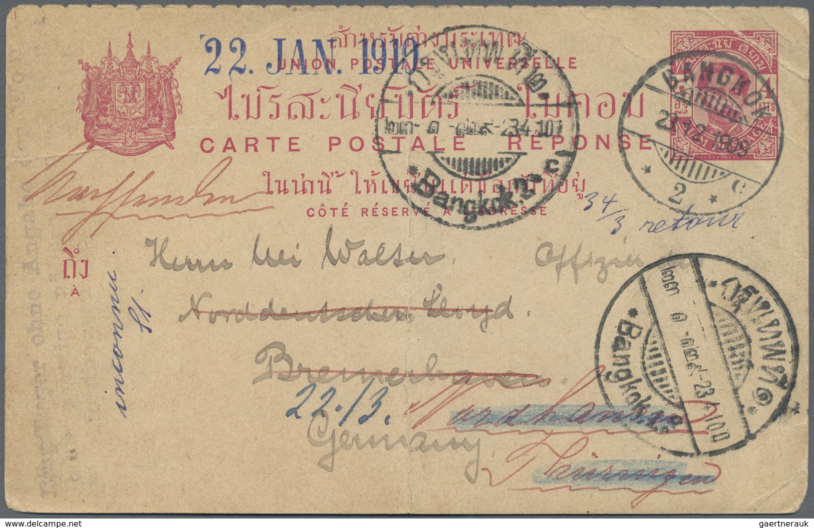 GA Thailand - Ganzsachen: 1909, 4 K. Canc. "BANGKOK 23.12.1909" To German Ship Officer Of NGL To Bremer - Thailand