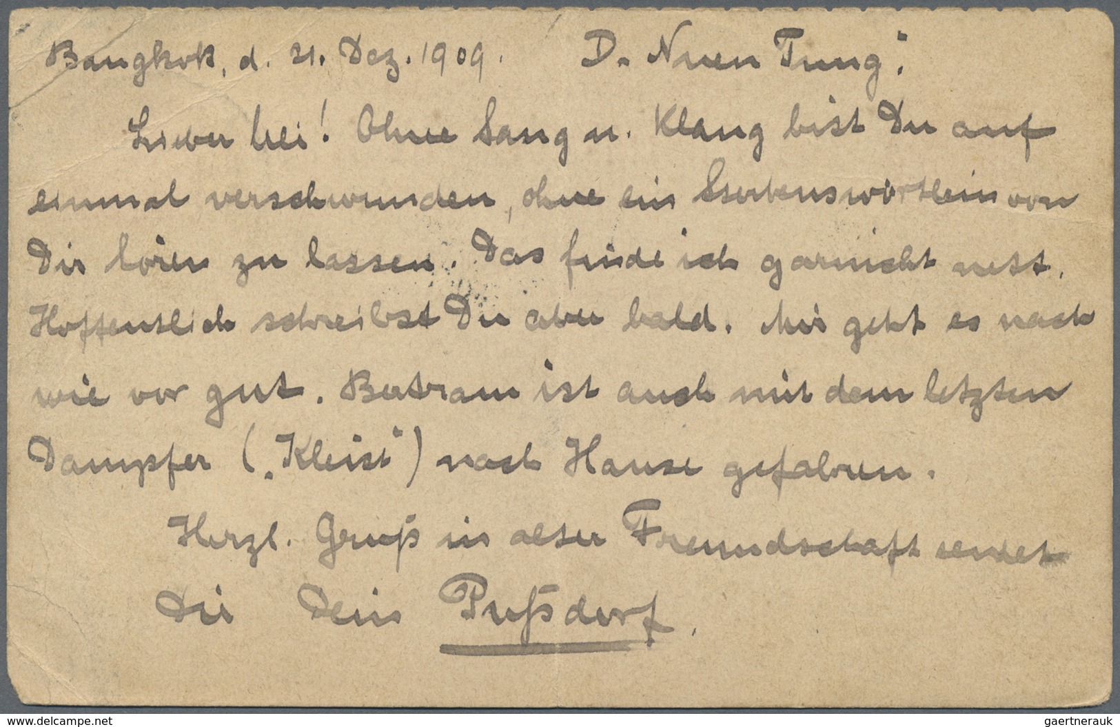 GA Thailand - Ganzsachen: 1909, 4 K. Canc. "BANGKOK 23.12.1909" To German Ship Officer Of NGL To Bremer - Thailand