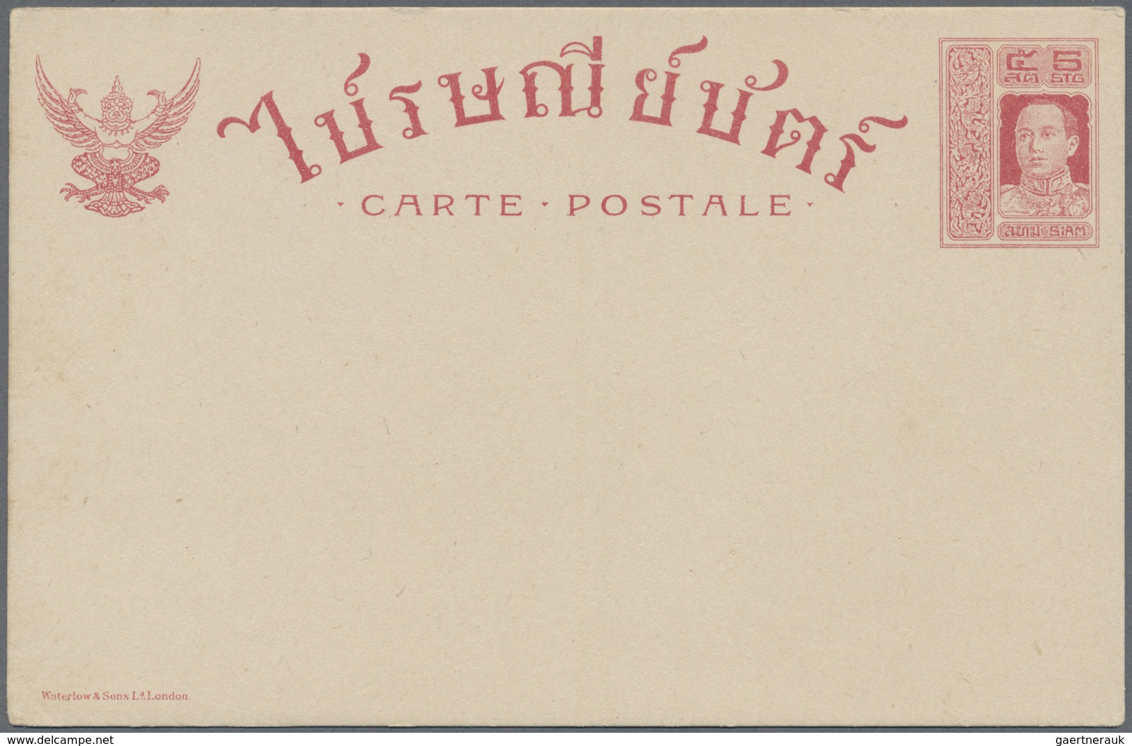 GA Thailand - Ganzsachen: 1919 Postal Stationery Card 5s. Red, With Printer "Waterlow & Sons Ld. London - Thailand