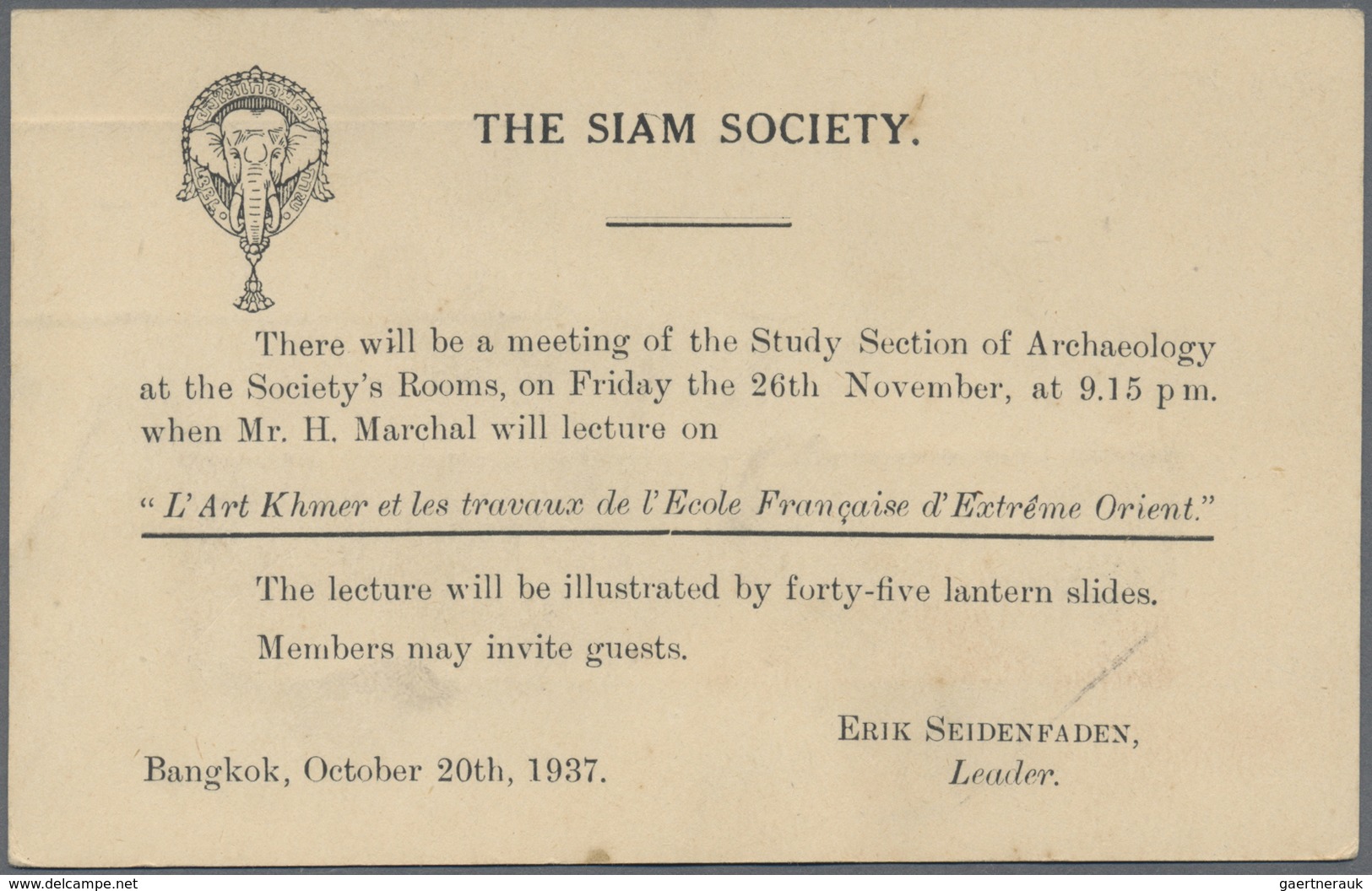 GA Thailand - Ganzsachen: 1933 Postal Stationery Card 2s. Brown, With 'The Siam Society' And Elephant H - Thailand