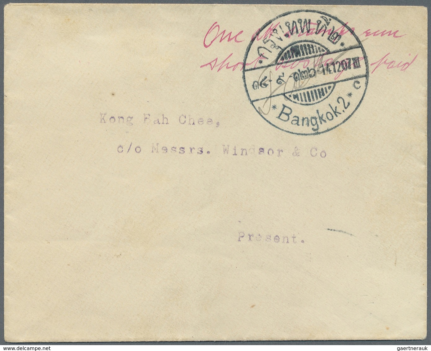 Br Thailand - Stempel: 1907, Provisional Prepayment Of Postage In Cash On Local Cover With Handwritten - Thailand