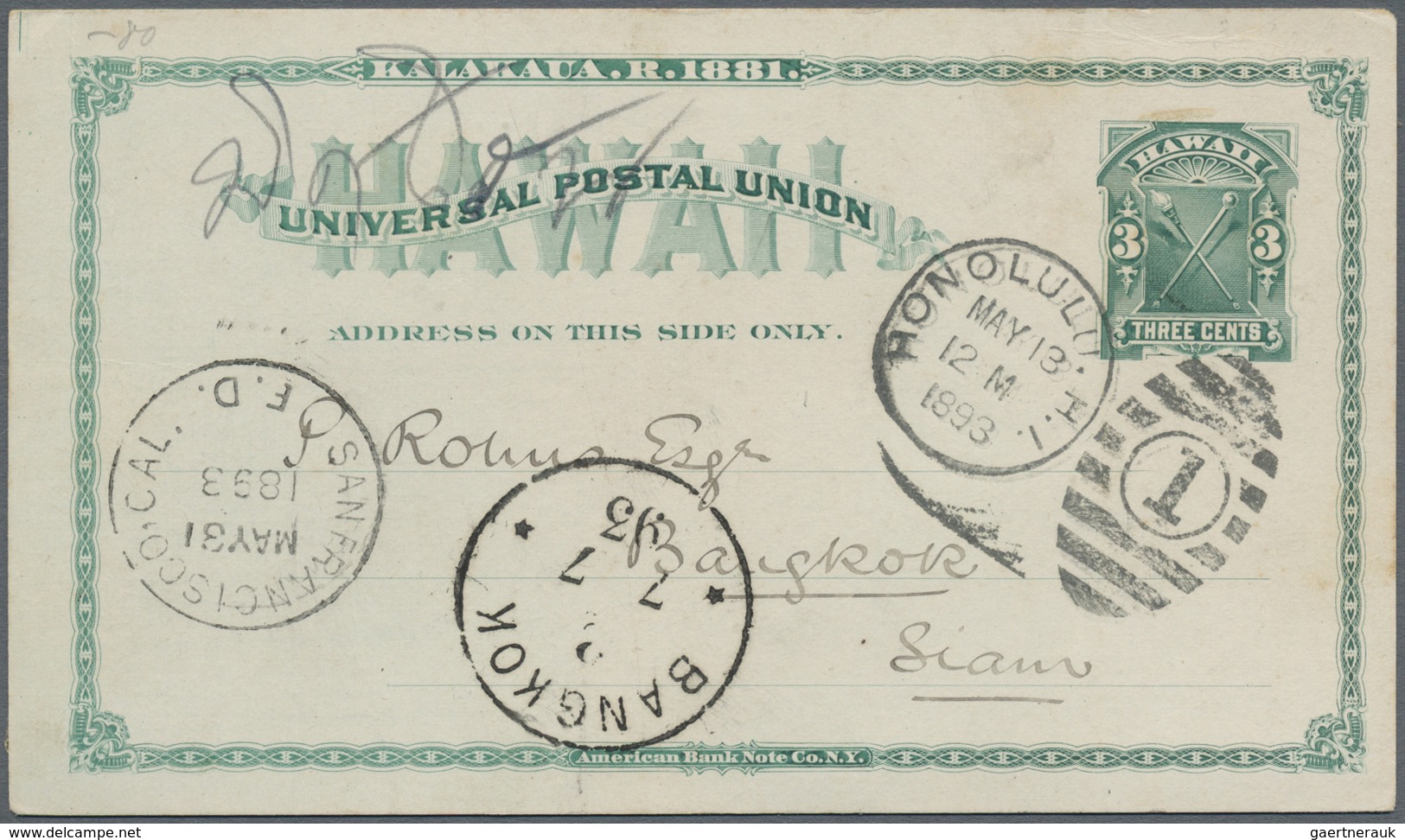 GA Thailand - Besonderheiten: 1893, 3 Cent Stationery Card Sent From HONOLULU MAY 13 1883 Via San Franc - Thailand