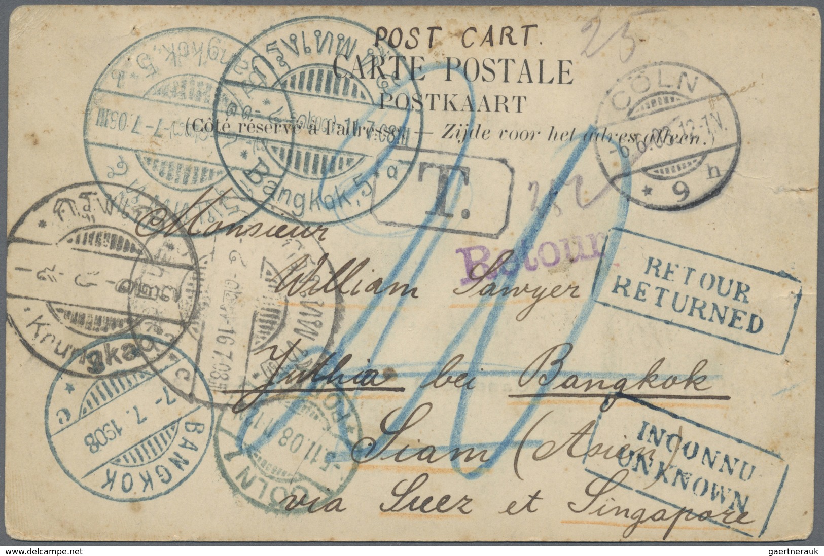 Thailand - Besonderheiten: 1908, Postcard Mailed Unfranked From Cologne/Germany To Bangkok, Struck W - Thailand