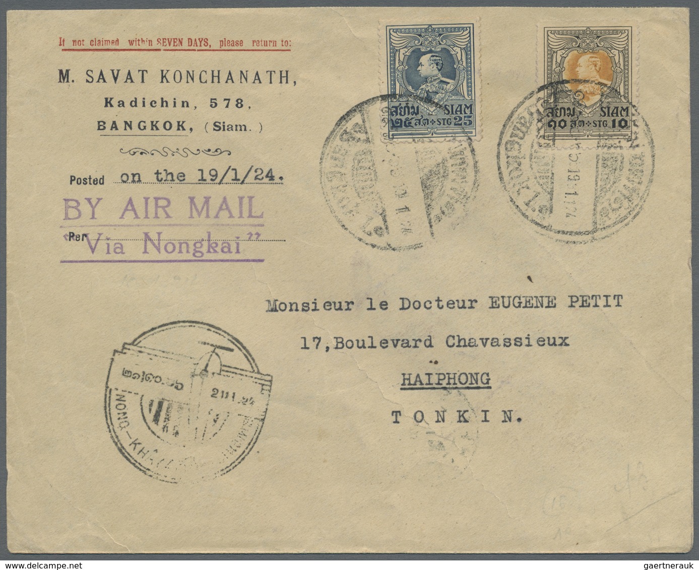 Br Thailand - Besonderheiten: 1924. Air Mail Envelope Addressed To Tonkin Bearing SG 217, 10s Bistre An - Thailand