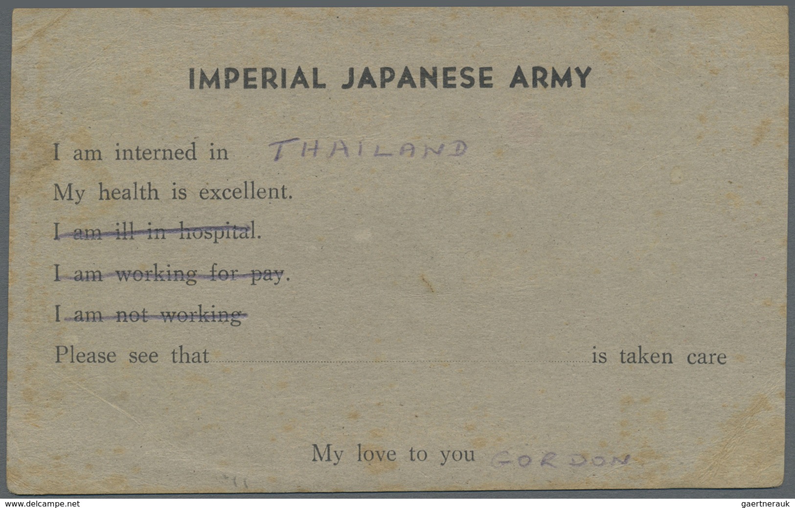 Br Thailand - Besonderheiten: 1943. Second P.O.W. Card Written From Lieutenant Moise In Camp No 4 Based - Thailand