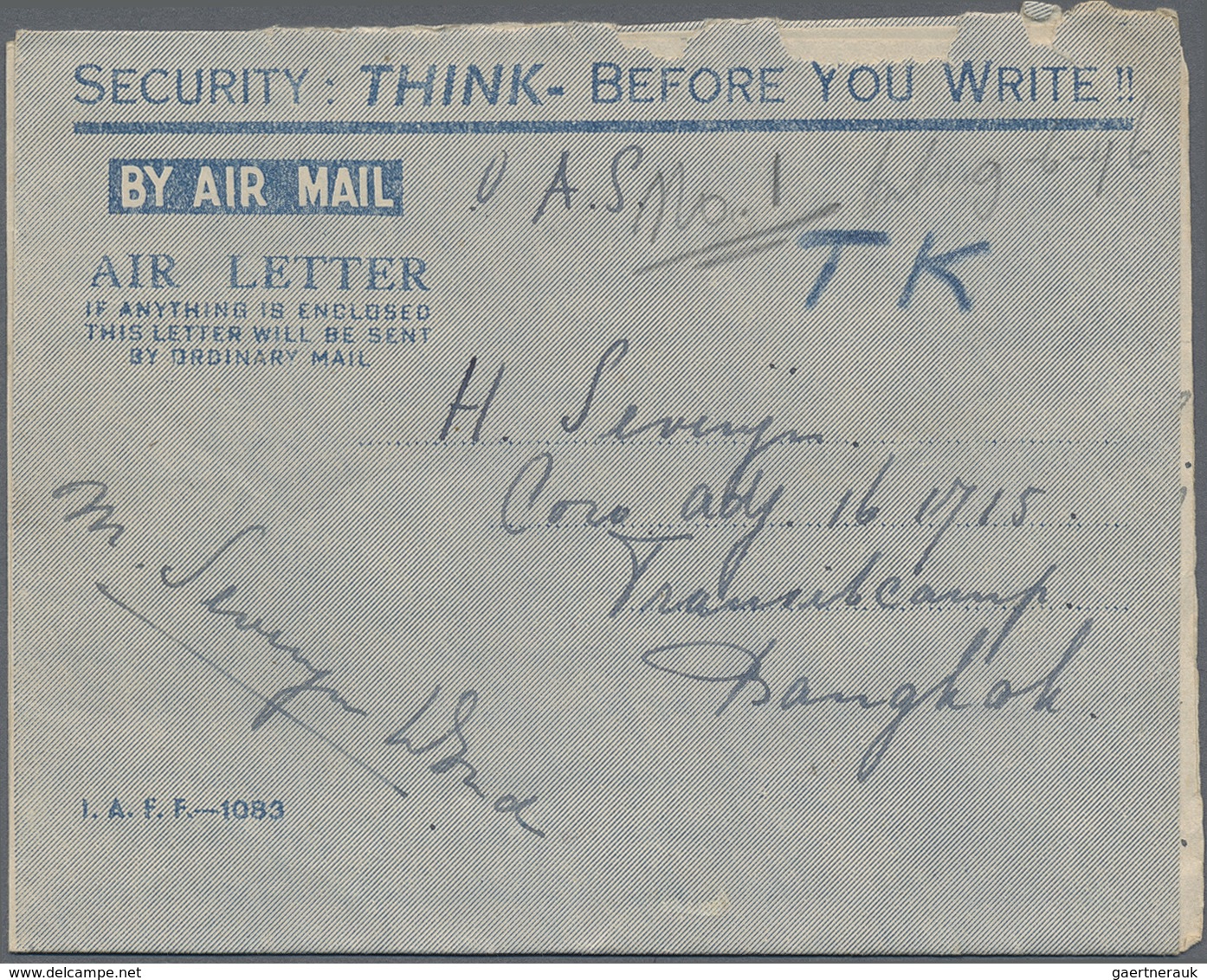 Br Thailand - Besonderheiten: 1945, LIBERATED DUTCH P.O.W.’s. BURMA-THAI RAILWAY. Blue Air Letter Endor - Thailand